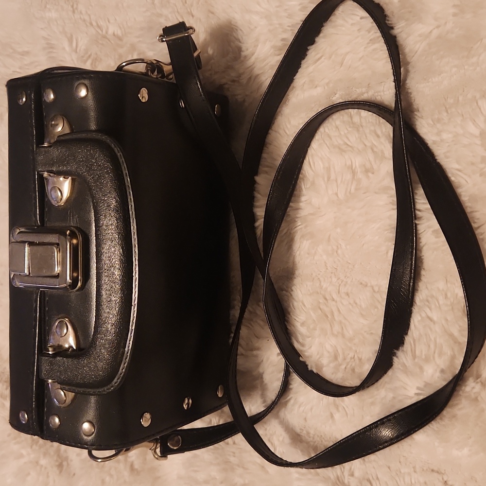 Vintage 90s Y2K Black Box Bag Handbag Purse With SILVER - Picture 3 of 5